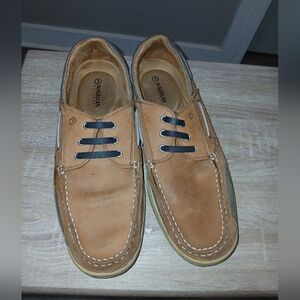 Magellan Outdoors Tan Leather Slip-On Boat Shoes with Elastic Laces